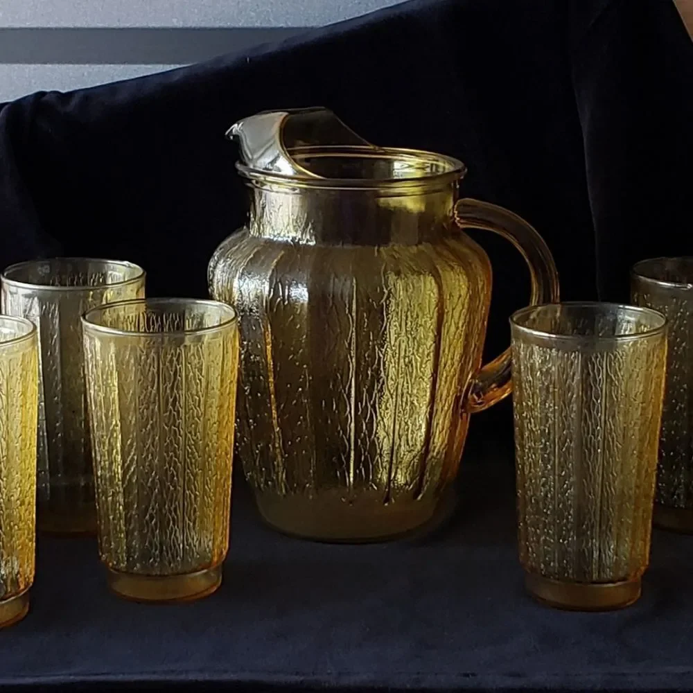 Pretty Vintage Textured Gold Pitcher and 6 Glasses